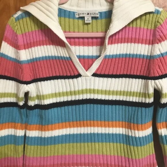 Vintage Tommy Hilfiger Ribbed Striped Sweater Medium Preppy Y2K Retro Pullo - Picture 2 of 10